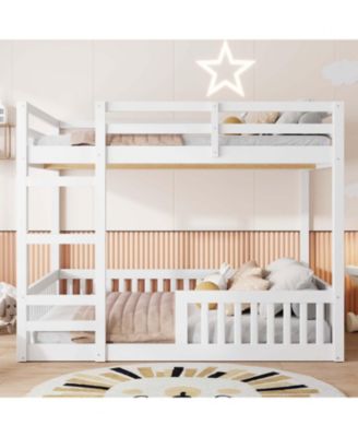 Full over Full Wood Bunk Bed with Ladder and Guardrails, White