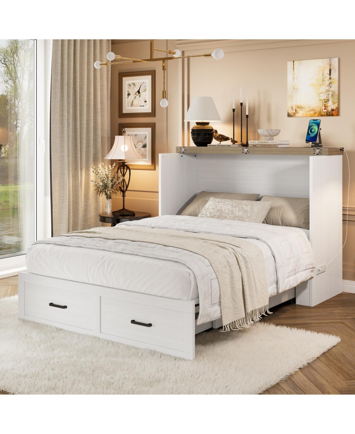 Streamdale Furniture Murphy Bed Cabinet Full Size with Charging Station & Drawer