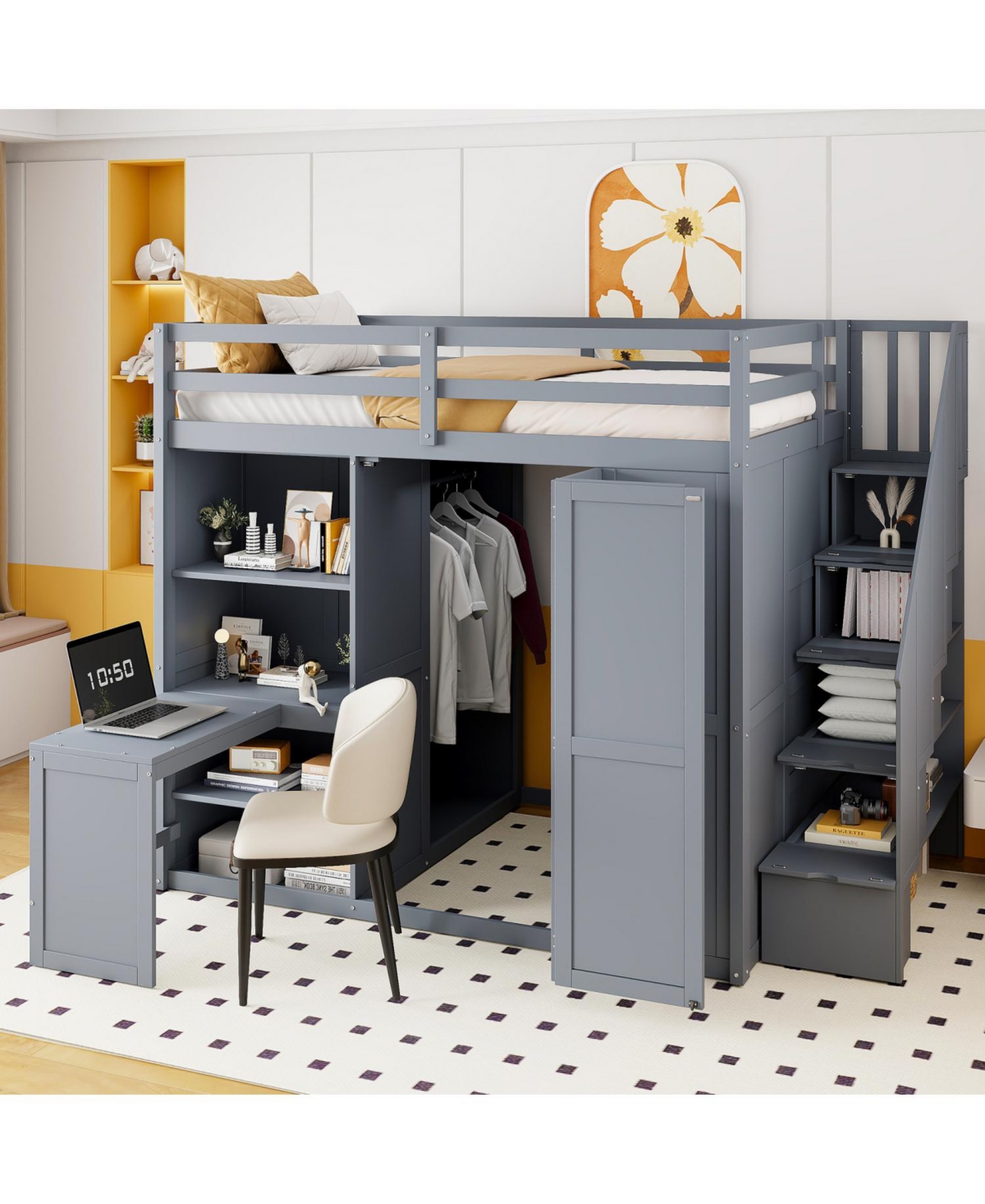 Streamdale Furniture Full Size Loft Bed with Wardrobe, Desk and Shelves, Gray(Old-LT000679AAE)