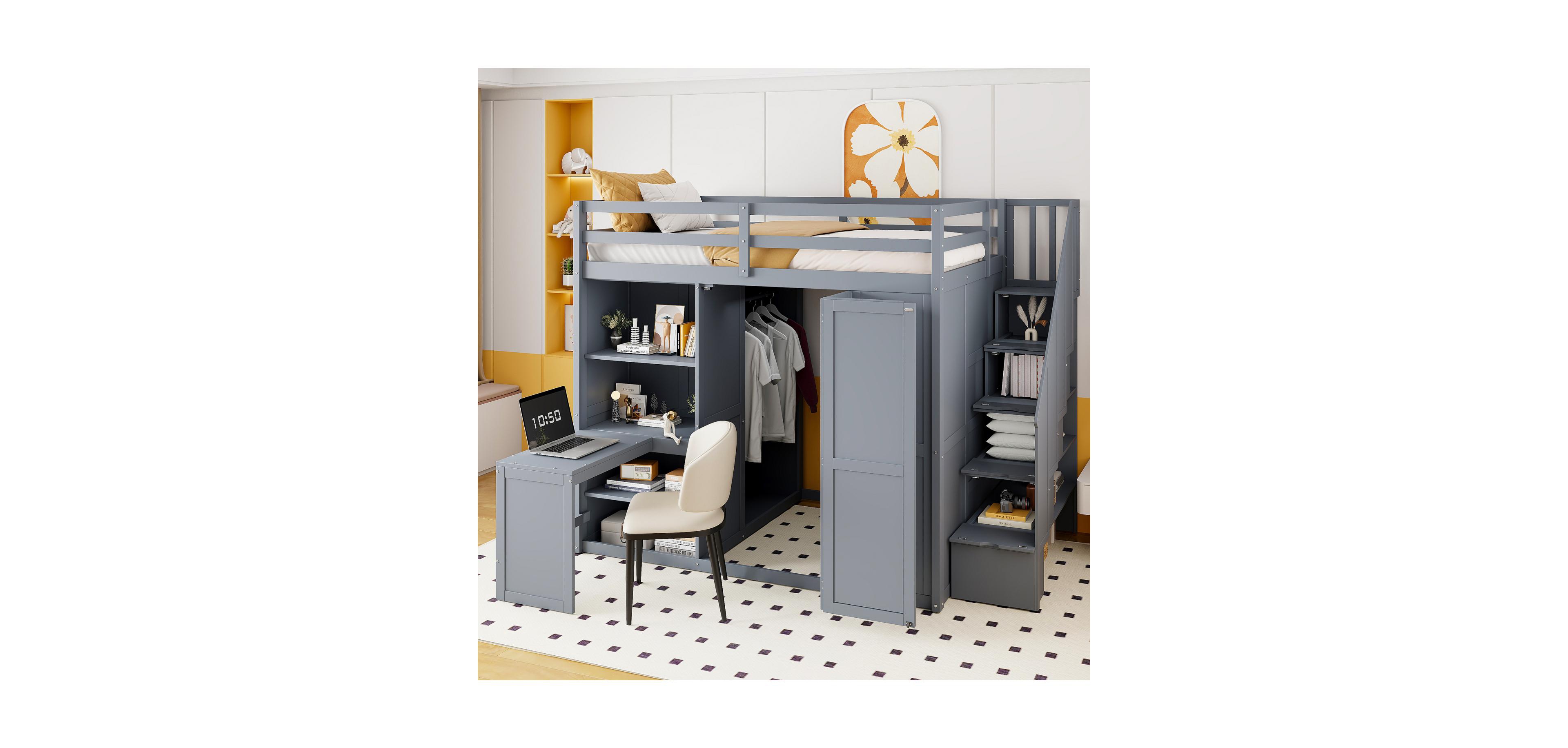 Streamdale Furniture Full Size Loft Bed with Wardrobe, Desk and Shelves, Gray(Old-LT000679AAE)