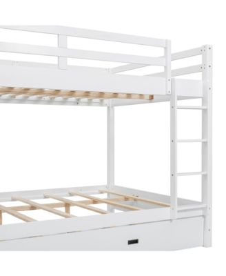 Wood Queen Size Bunk Bed with Ladder and Trundle, White