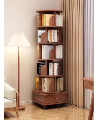 Rotating Bookshelf 360 Corner Bookcase with Wheels, Walnut Brown