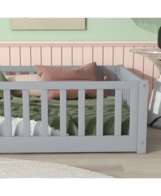 Twin Floor Bed with Fence, Rubber Wood, Grey