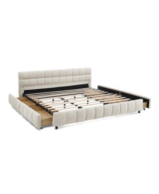 King Beige Chenille Upholstered Bed Frame with Storage Drawer (88.5")