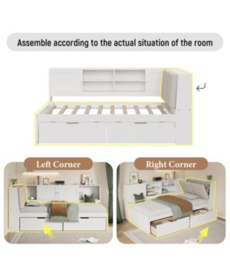 Wooden Twin L-Shaped Daybed with Storage, Bookcase & USB, White