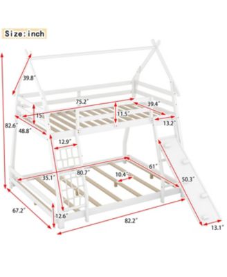 Twin over Queen House Bunk Bed with Climbing Nets and Climbing Ramp, White