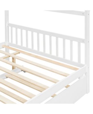 Full Size Wooden House Bed with Twin Size Trundle, White