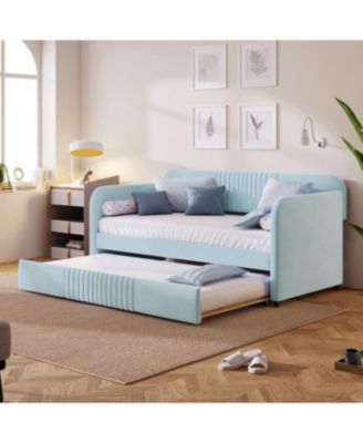 Upholstered Daybed Sofa Bed Twin Size With Trundle Bed and Wood Slat, Gray