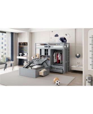 Twin Bunk Bed with Drawers, Wardrobe, Storage Shelves and Hydraulic Bed,Gray