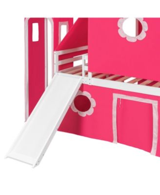  Full Size Loft Bed with Slide Pink Tent and Tower - Pink