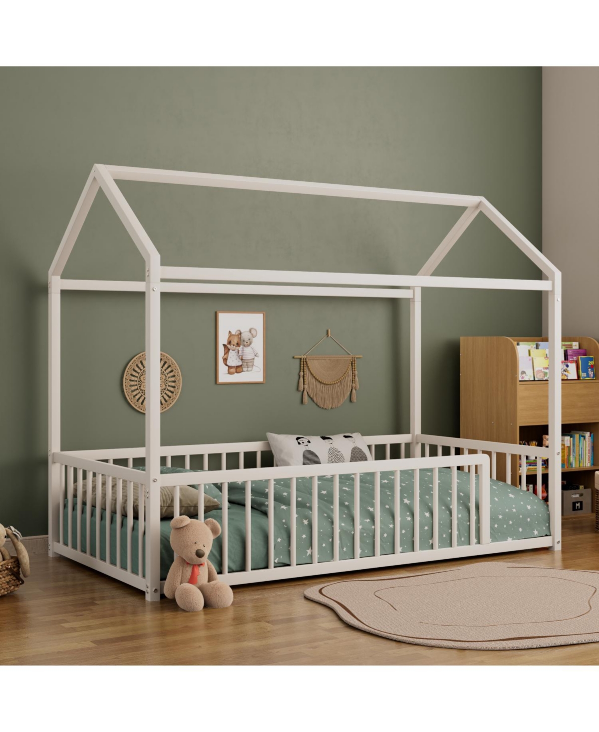 Streamdale Furniture Twin Montessori Metal Floor Bed Frame, House Bed with Fence, Easy Assemble, Black