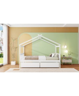 Full Size Wooden House Bed with Drawers, White