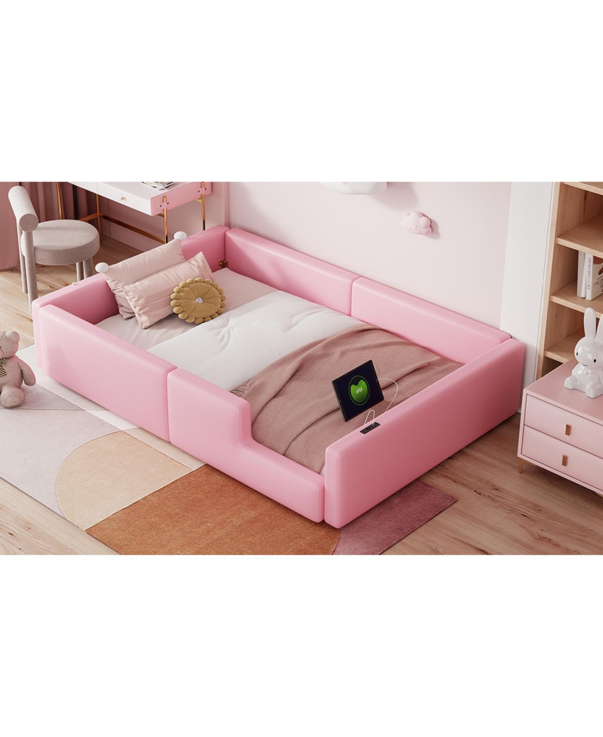Streamdale Furniture Twin Size Upholstered Platform Bed with Guardrail and Charging Station