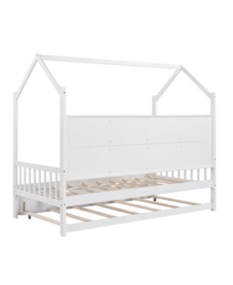 Wooden Twin House Bed with Trundle & Shelf