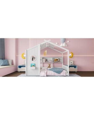 Floor House Bed Toddler Kids Montessori Bed w/ Shelf & Roof.