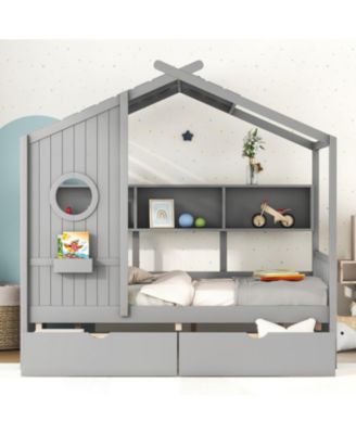 Wooden Full Size House Bed with Drawers & Shelf