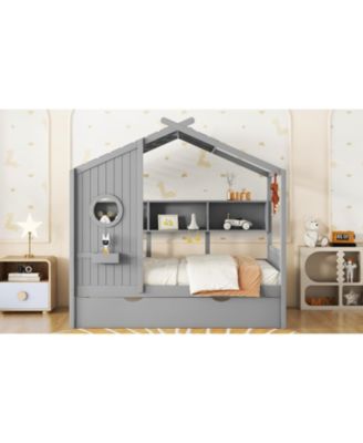 Wooden Twin House Bed with Trundle & Shelf - Gray