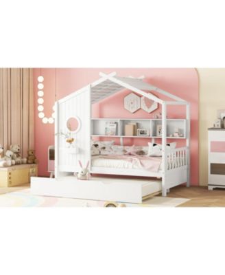 Wooden Twin House Bed with Trundle & Shelf - Gray