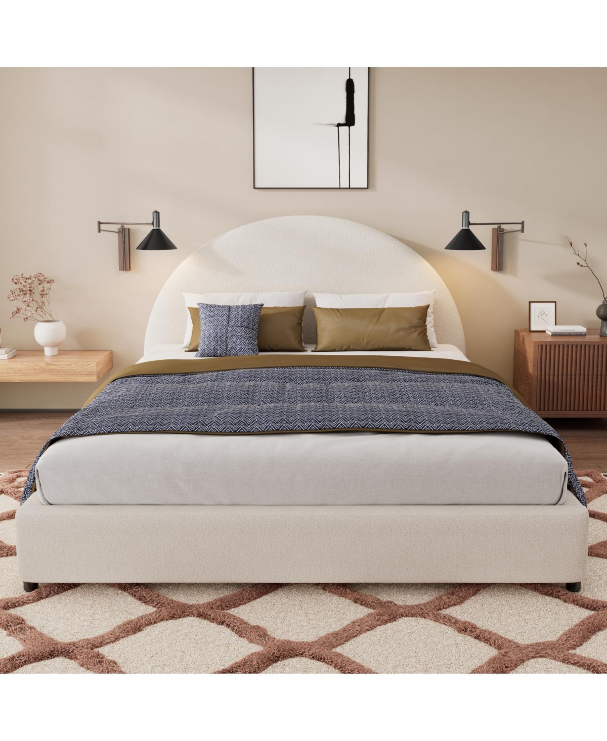 Streamdale Furniture Streamdale Queen Size Bed Frame With Boucle Upholstered Round Curved Headboard