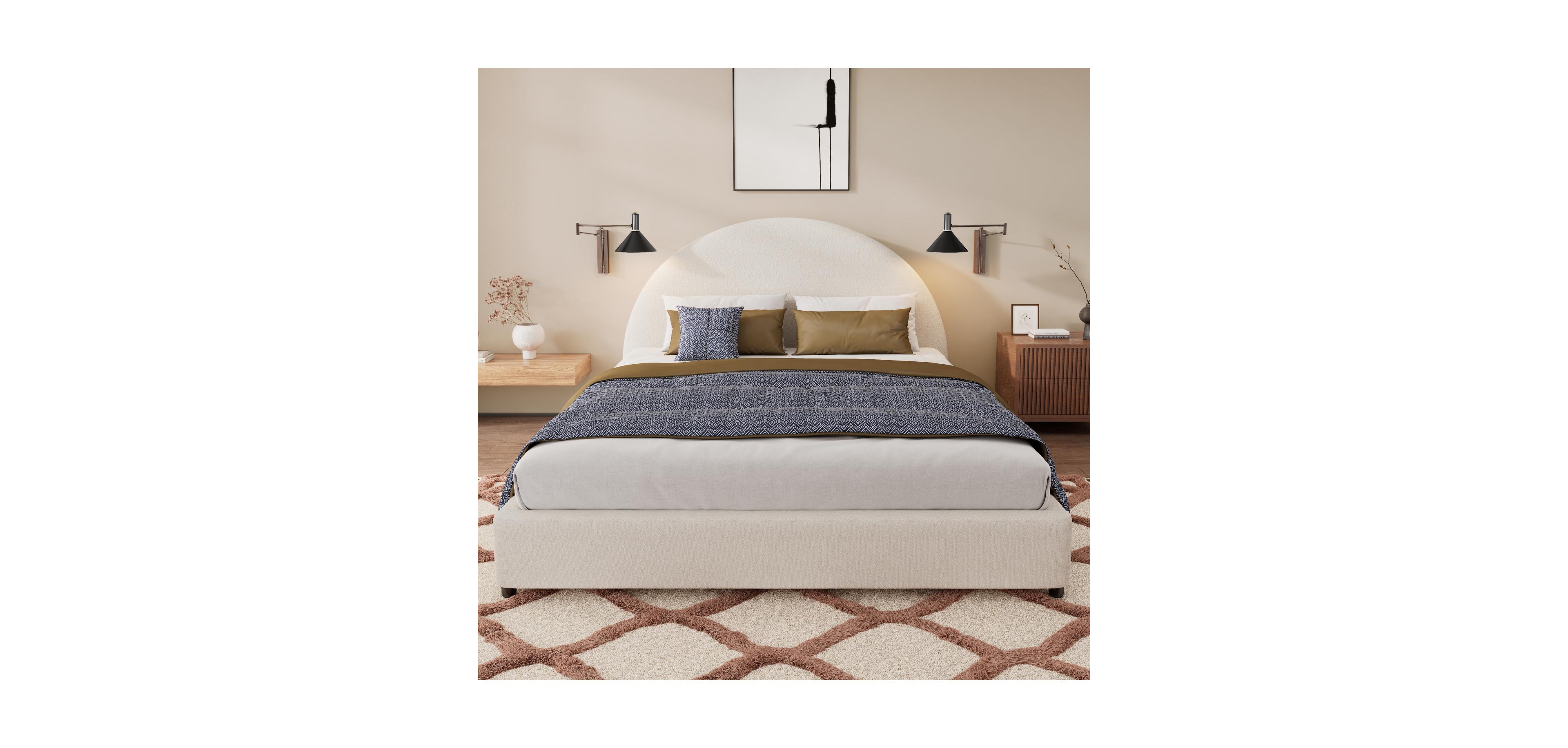 Streamdale Furniture Streamdale Queen Size Bed Frame With Boucle Upholstered Round Curved Headboard