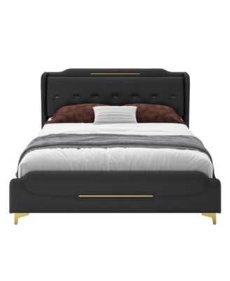  King Leather Wingback Bed Frame - Solid Slats, Easy Assembly