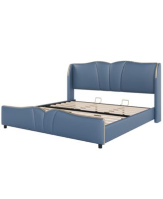 King Leather Bed Frame Wingback Headboard Platform Bed Black