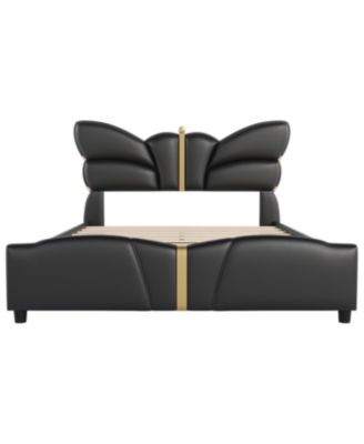 Streamdale Queen Upholstered Bed Frame, Butterfly Headboard, Gold Accents