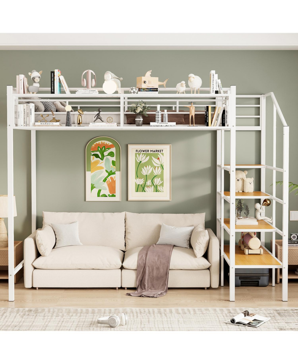 Streamdale Furniture Twin Metal Loft Bed with Grid Shelf & Ladder.