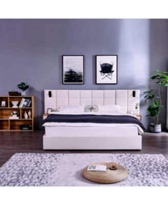 King Beige Velvet Storage Bed with Shelves, Lamps & USB