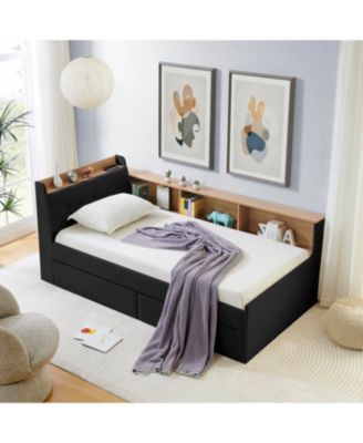 Twin Velvet Daybed- Storage Headboard, Wireless Charging, LED