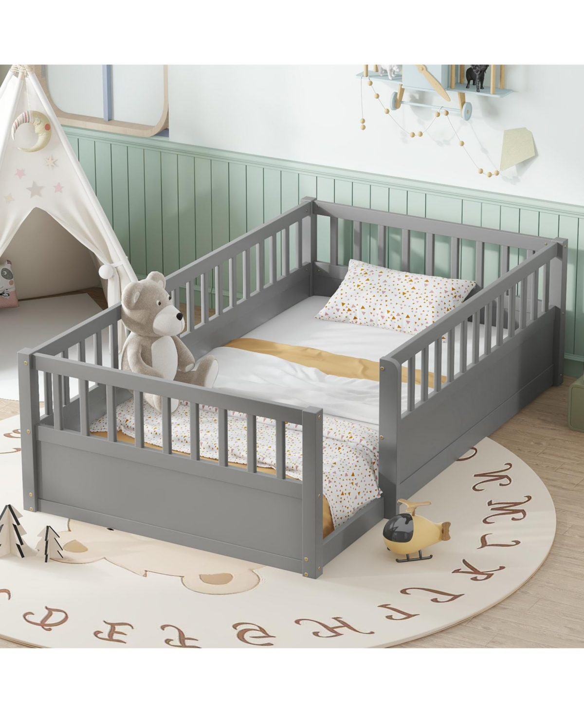 Streamdale Furniture Twin Floor Bed Frame with Fence