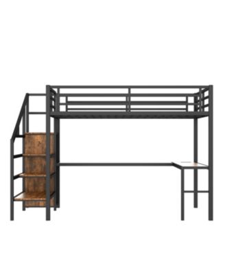 Queen Loft Bed with Desk, Wardrobe, Shelf & LED - Wood-grain