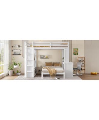 Queen over Twin Bunk Bed with Desk, Shelves & Wardrobe - White