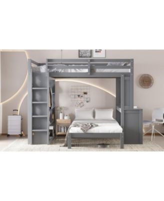 Queen over Twin Bunk Bed with Desk, Shelves & Wardrobe
