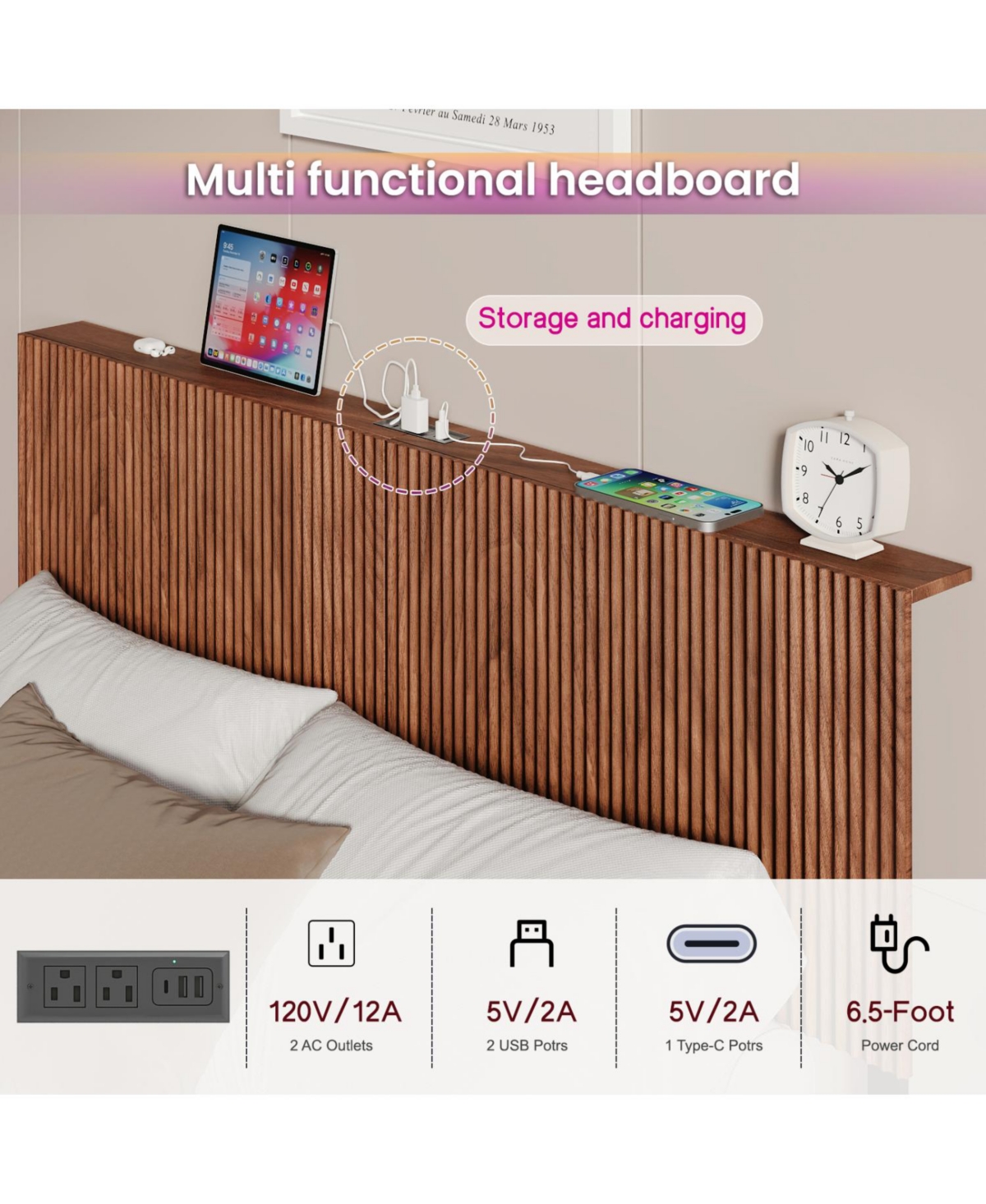 Streamdale Furniture Walnut Queen Bed with Charging, Led, Wavy Headboard - No Box Spring