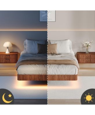  Walnut Queen Bed Frame with LED Lights, Wave Texture, Metal Slats