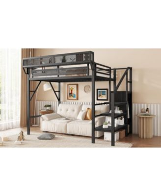 Streamdale Twin/Full Metal Loft Bed with Stairs, Shelves & Wardrobe - Black