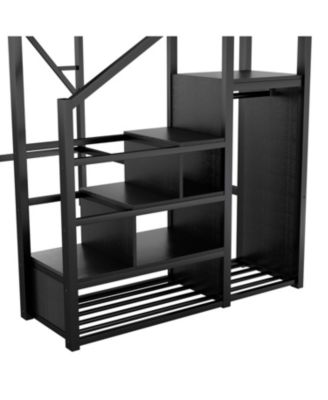 Full Size Metal Loft Bed with Stairs, Storage & Wardrobe - Black