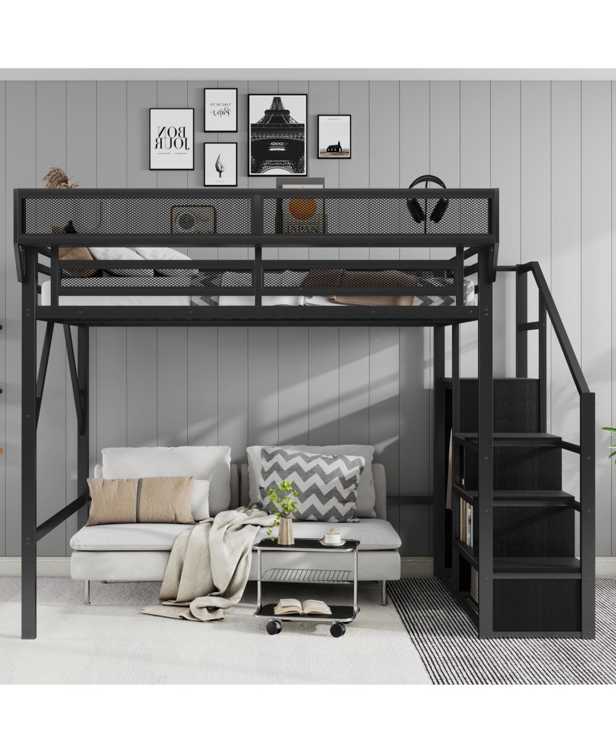 Streamdale Furniture Streamdale Queen Loft Bed with Stairs, Metal Frame, Storage Shelves & Wardrobe