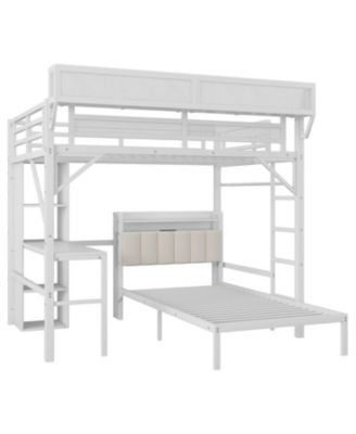  Full/Twin Metal Bunk Bed w/ Desk, Bookshelves, LED, Charge - White