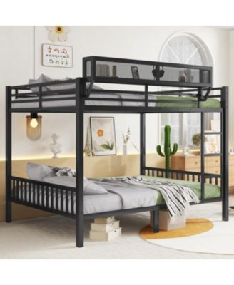 Queen Over Queen Metal Bunk Bed w/ Ladder & Shelf, Black