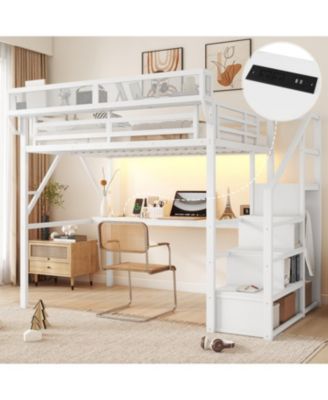  Full Loft Bed with Desk, Stairs, Light & Charging - White