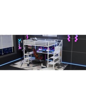 Loft Bed with Wardrobe, Desk, & LED - White