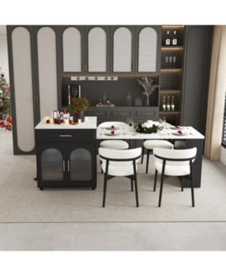  Expandable Kitchen Island, Marble Top, Power Outlet, Storage Cart - Black