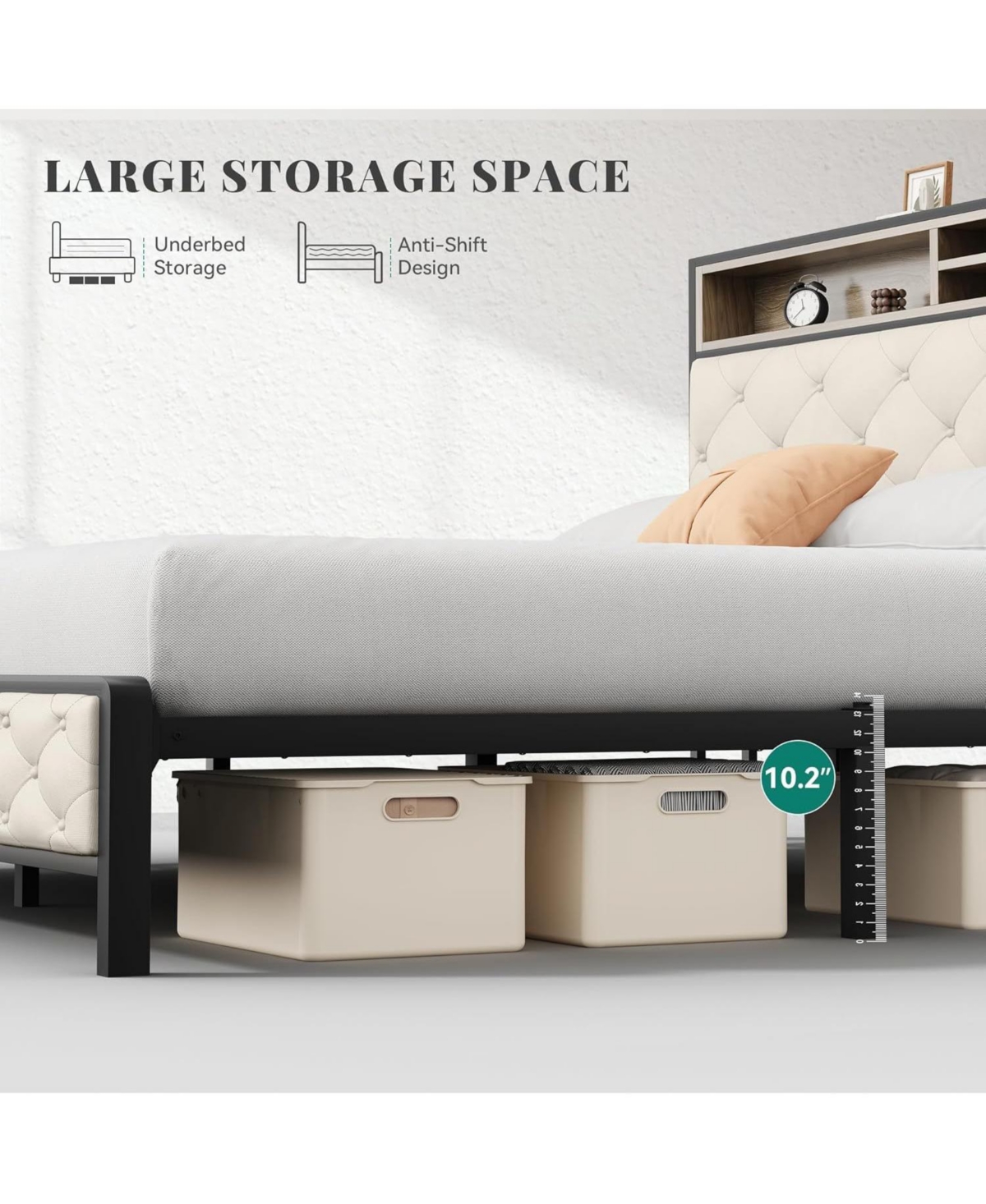 Streamdale Furniture King Upholstered Platform Bed Frame with Charging Station