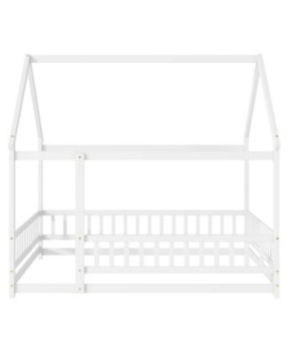 Full Size House Floor Wooden Bed with Roof Frame, Safety Guardrails