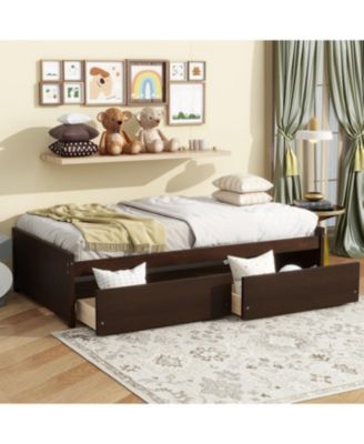 Twin Size Bed with 2 Drawers, Solid Rubber Wood Bed