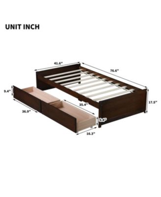 Twin Size Bed with 2 Drawers, Solid Rubber Wood Bed