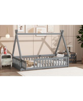 Twin Tent-shaped Floor Bed,Teepee Bed with Guardrails,Slats and Door