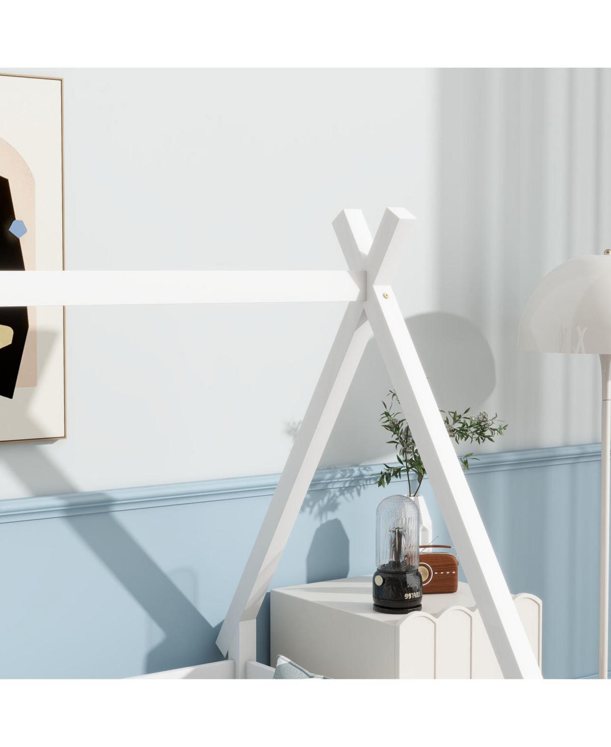 Streamdale Furniture Twin Tent-shaped Floor Bed,Teepee Bed with Guardrails,Slats and Door